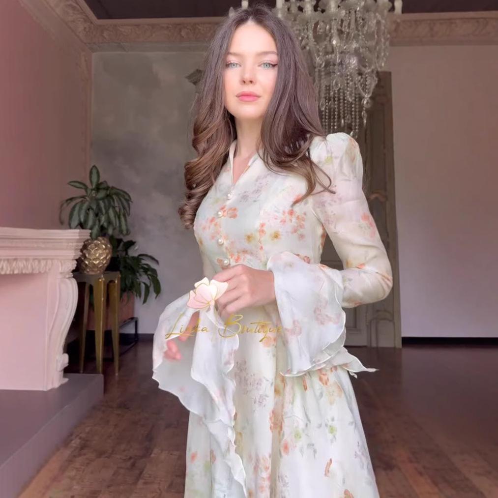 2025 Autumn French-Style Long Square Neck Printed Dress for Women