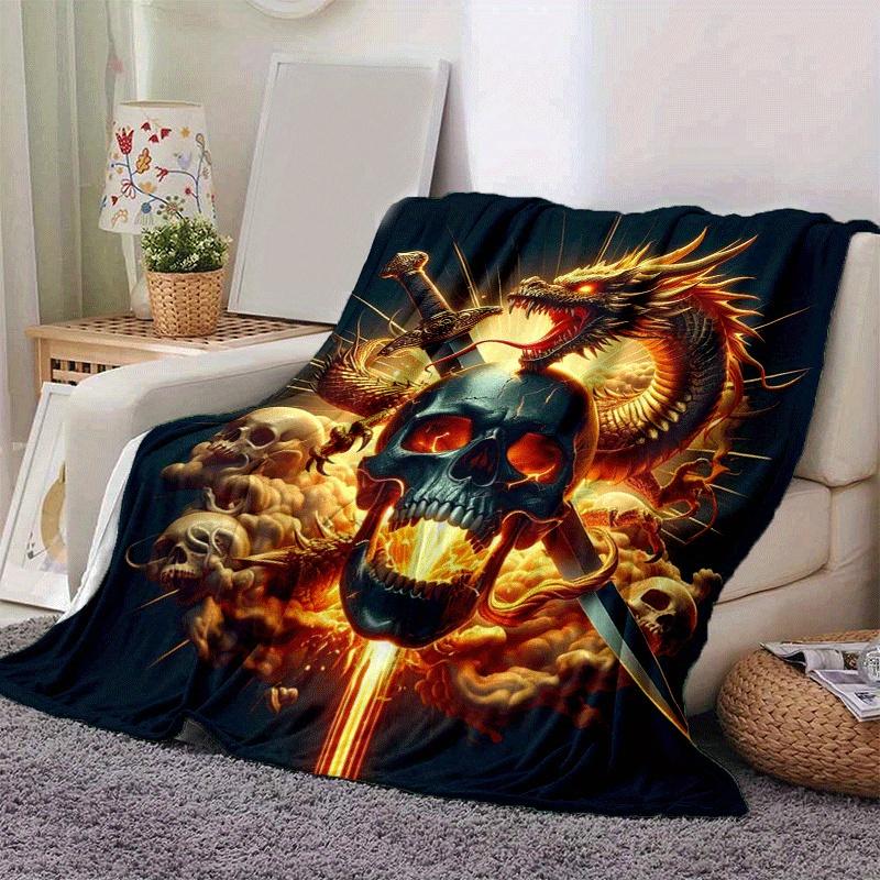 1pc Dragon and Skull Printing Lightweight Flannel Blanket, Comfortable and Warm Blanket, for Camping Sofa Bed and Couch Office, Gift