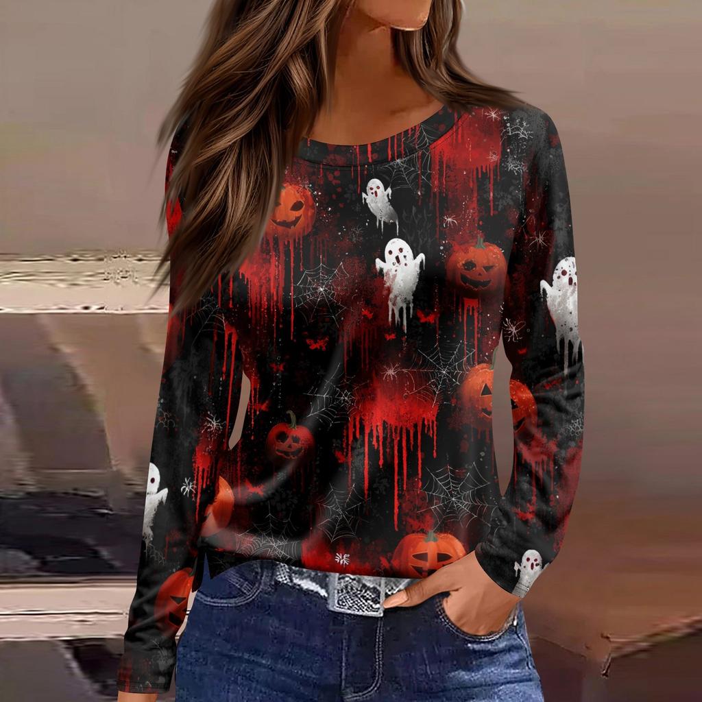 Mote Casual Langermet Trykk Rund Hals Pullover Topp Bluse for Kvinner