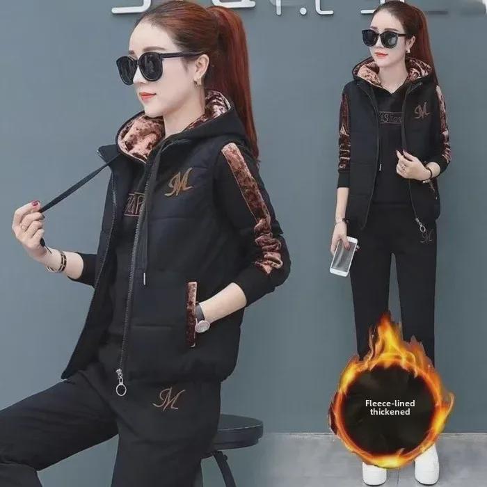 

Женский зимний комплект из толстовки с капюшоном и брюк для бега с отделкой из бархата: Модный теплый спортивный костюм из трех предметов. 4XL чёрный