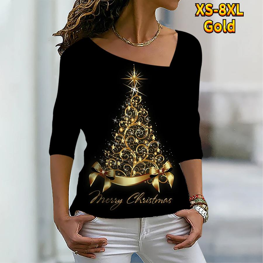 Streetwear-Sweatshirt für Damen, Weihnachtsbaum, glitzernde Malerei, grafisch gemustert, 3/4-Ärmel, V-Ausschnitt, T-Shirt, T-Shirt, XS-8XL