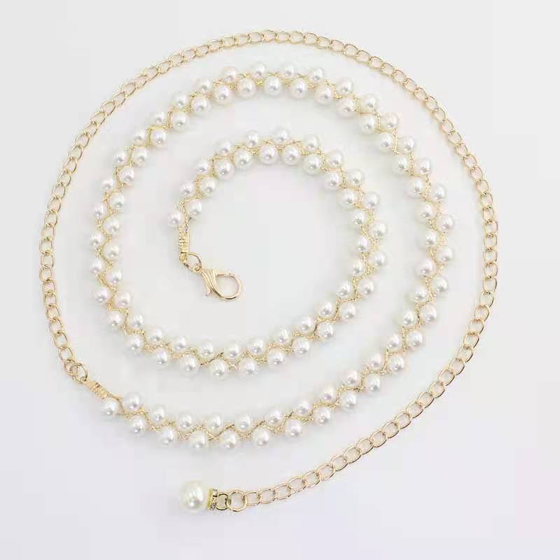 Women's Simple and Fashionable Double-layer Pearl Woven Decorative Dress with Waist-hugging Small Fragrance Style Thin Belt Sweet Waist Decoration