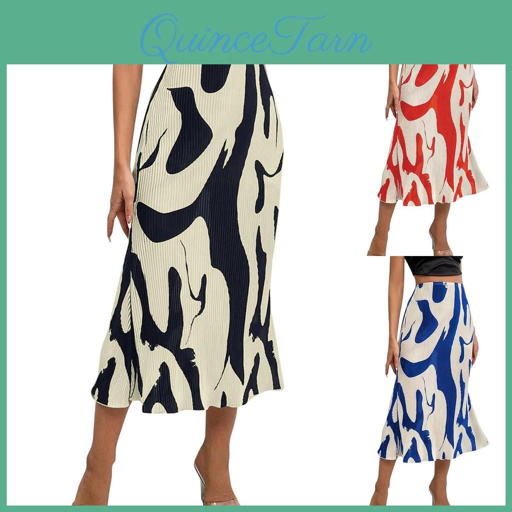 High Waist Summer Patterned Womens Printed Aline Pleated Casual Long Skirt