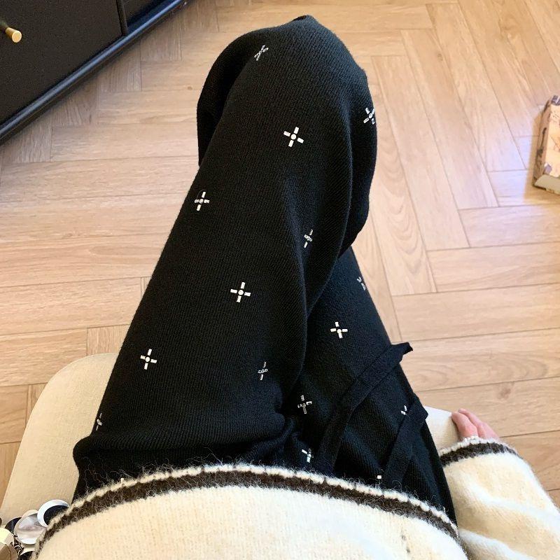 Women's High Waist Rhinestone Knit Pants - Autumn/Winter, Soft, Thickened, Loose Fit, Casual, Straight-Leg