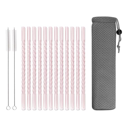 15 PCS Reusable Glass Straws, 8 Inch X 0.3" Thread Pattern Design Colored Drinking Straws, Include 12 Straight Straws, 2 Cleaning Brushes, 1 Bag