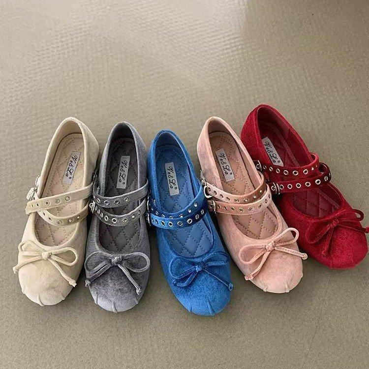 French Soft-soled Velvet Fashion Absolute Child One-word Belt Mary Jane Shoes Women's Early Spring Meeting Fairy Bow Single Shoes