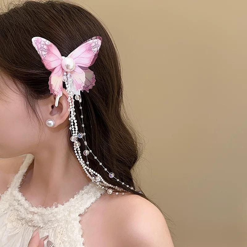 

1 Piece Imitation Pearl Fresh And Minimalist Duckbill Clip Mesh Butterfly Rice Bead Tassel Hairpins For Women Sweet Barrettes