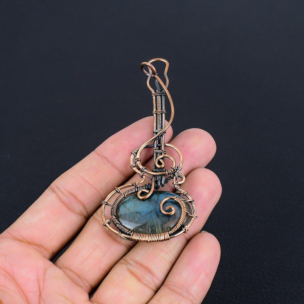 Labradorite Pendant, Handmade Gemstone 999 Copper Wire Wrapped Pendant Antique Jewelry, For Gift Silver Jewelry