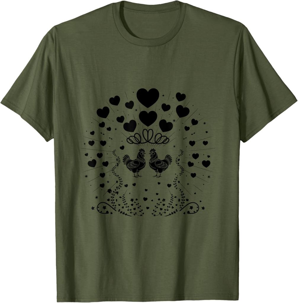 Chicken Couple Hearts Valentine Farm Animal Graphic Tee Soft Cotton Casual Daily T-Shirt
