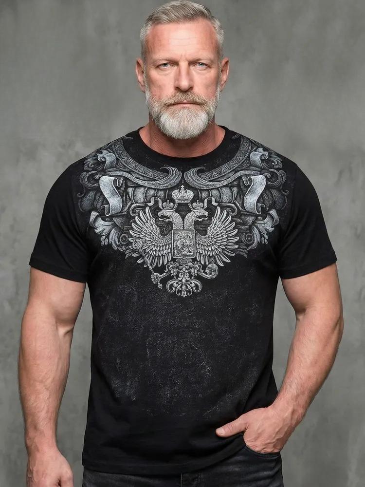 Men's Vintage Russian Crest T-Shirt, Double-Headed Eagle with Crown and Sword, Breathable Crew Neck for Patriotic Wear