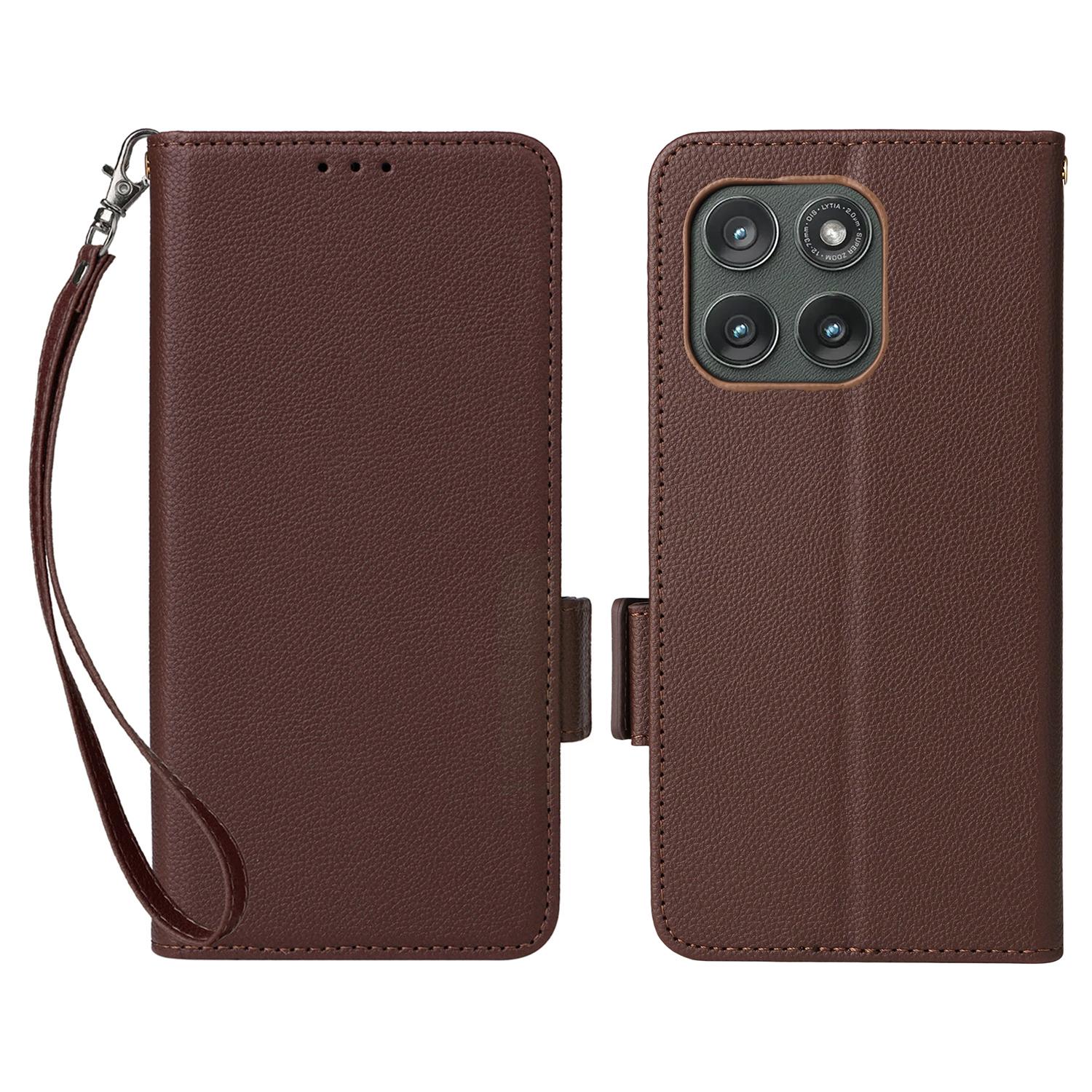 

Для Моторола Край (2025) 5G/Edge (Поколение 6) Чехол с ремешком на запястье, текстура личи, кошелек из ПУ кожи, чехол для телефона Brown