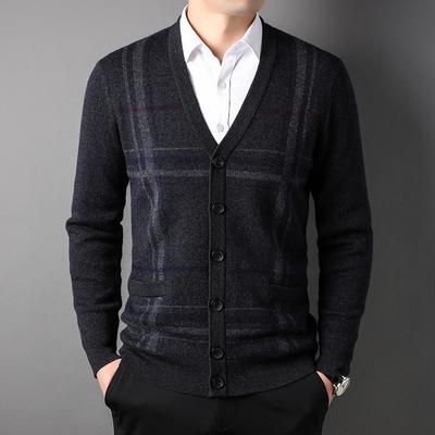 Giacca Cardigan da Uomo Autunno e Inverno Nuovo Maglione alla Moda Scollo a V a Righe Maglione a Maniche Lunghe Giacca di Lana Abbigliamento da Uomo