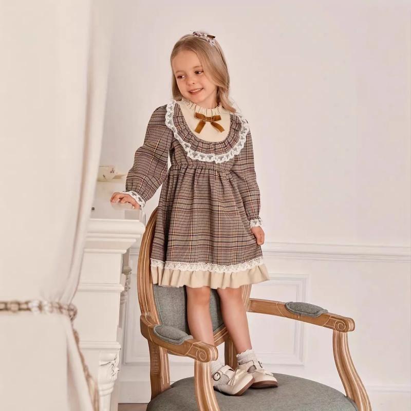 Girls New Dress Baby College Stylishly Princess Children Lolita Plaid Long Sleeve British Style Dress