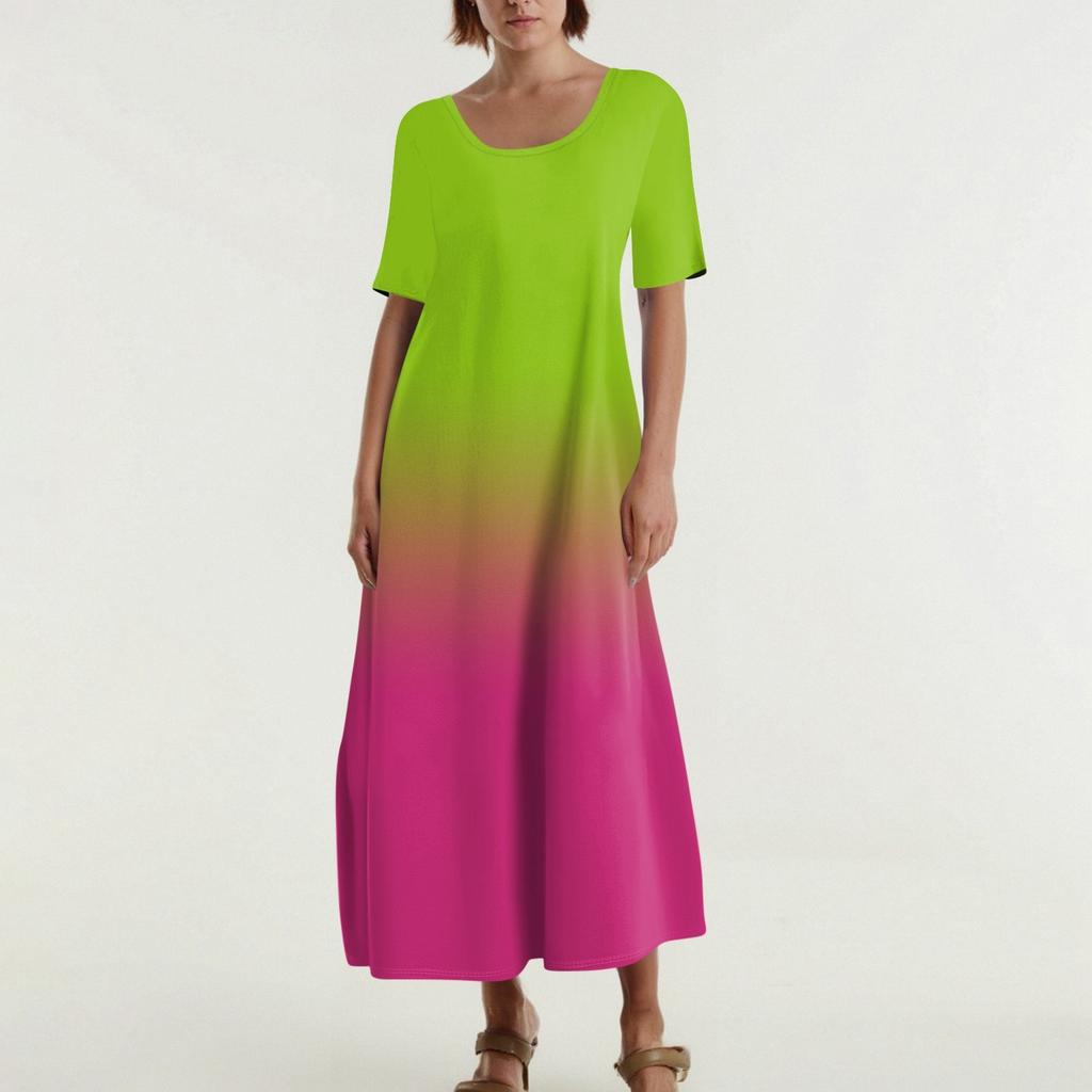 Women's Fashionable And Casual Long Beach Skirt Round Neck Short Sleeved Loose Retro Print Dress