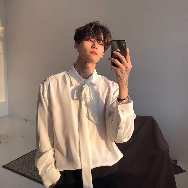 Men's Korean Style Bow Tie Long Sleeve Shirt - Casual Loose Fit, Solid Color, Spring & Autumn Collection