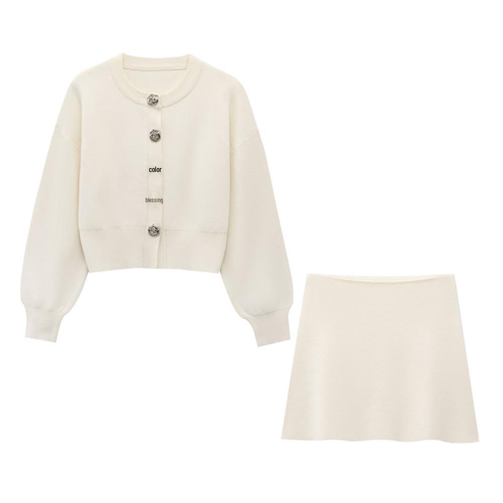 

2025 Spring Women s Floral Button Knit Cardigan & Mini Skirt Set Small грязно-белый