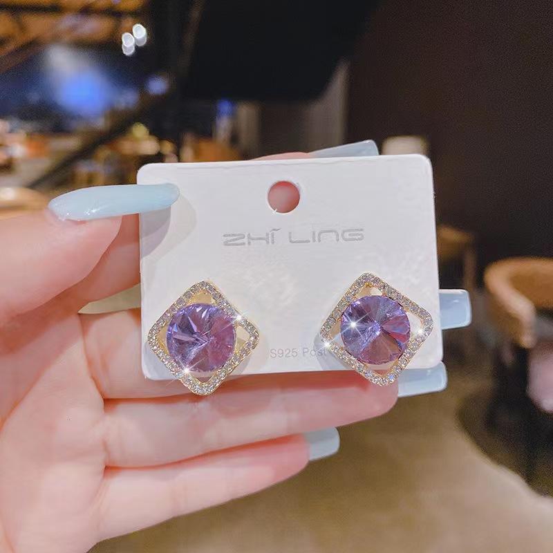 Big Round Crystal Blue Purple Pink Color Crystal Rhinestone Stud Earrings for Women Geometric Square Brincos Zircon Girl Gift
