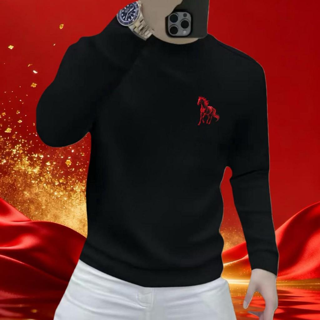2026 Year of the Horse Zodiac Men's Red Hoodie - Cotton Print Long Sleeve T-Shirt Top