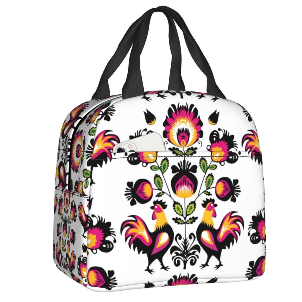 Poland Folk Roosters Lunch Bag Women Cooler Thermal Insulated Polish Floral Print Lunch Box for Children School Food Picnic Bags