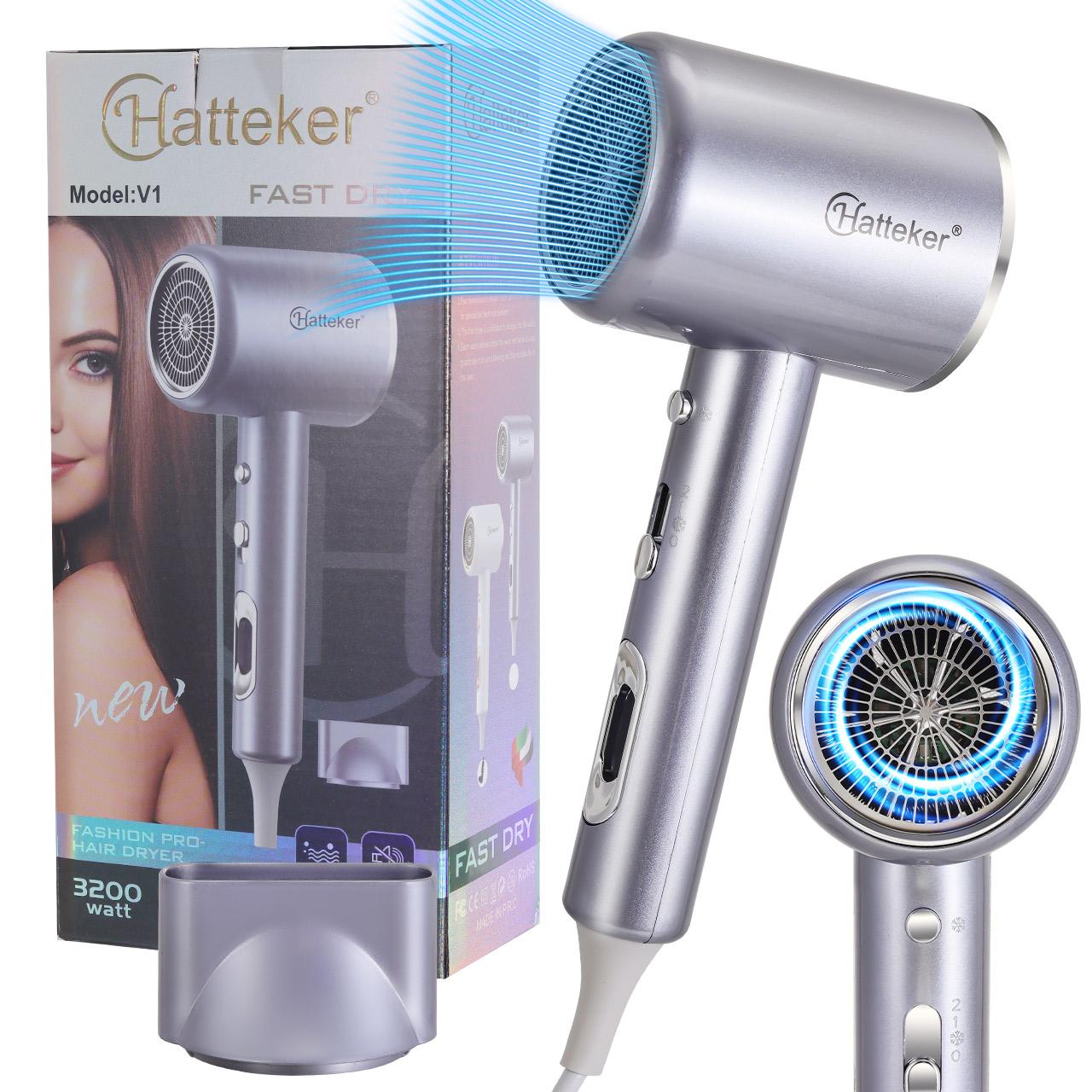 

Hatteker Мощный фен для волос 3200 Вт с 3 режимами нагрева — портативный с горячим и холодным воздухом для использования дома, в салоне красоты и в гостинице серый