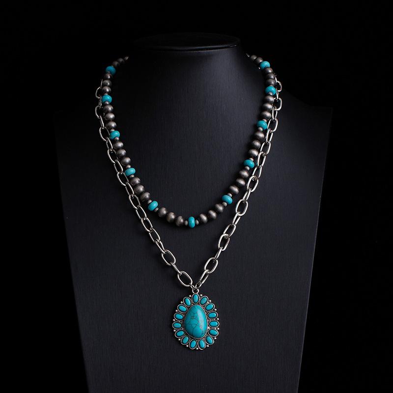 Bohemian Retro Ethnic Style Turquoise Necklace Female Western Denim Style Multi-Layered Wearing High-End Sweater Chain
