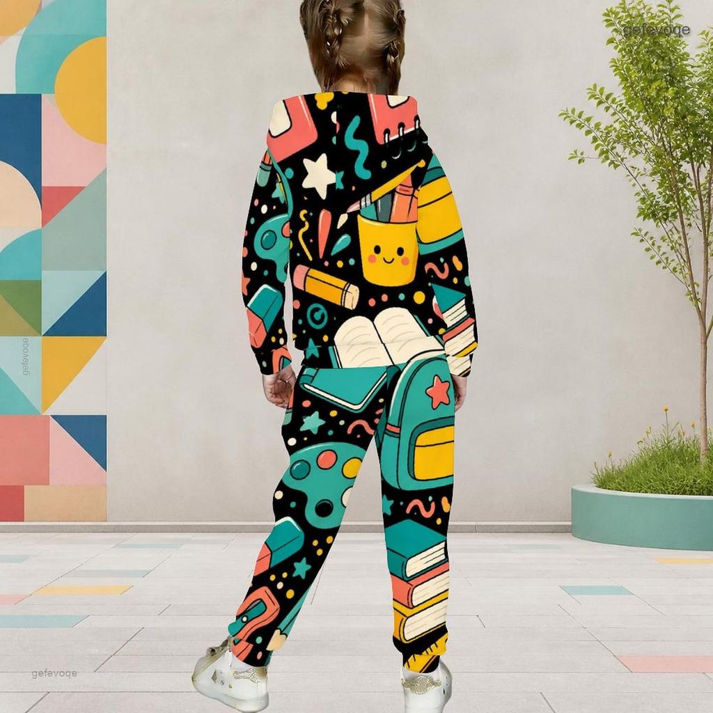 Girls Hooded Long Sleeve Printed Casual Two Piece Outfit Kangaroo Pocket Cuffed Pants