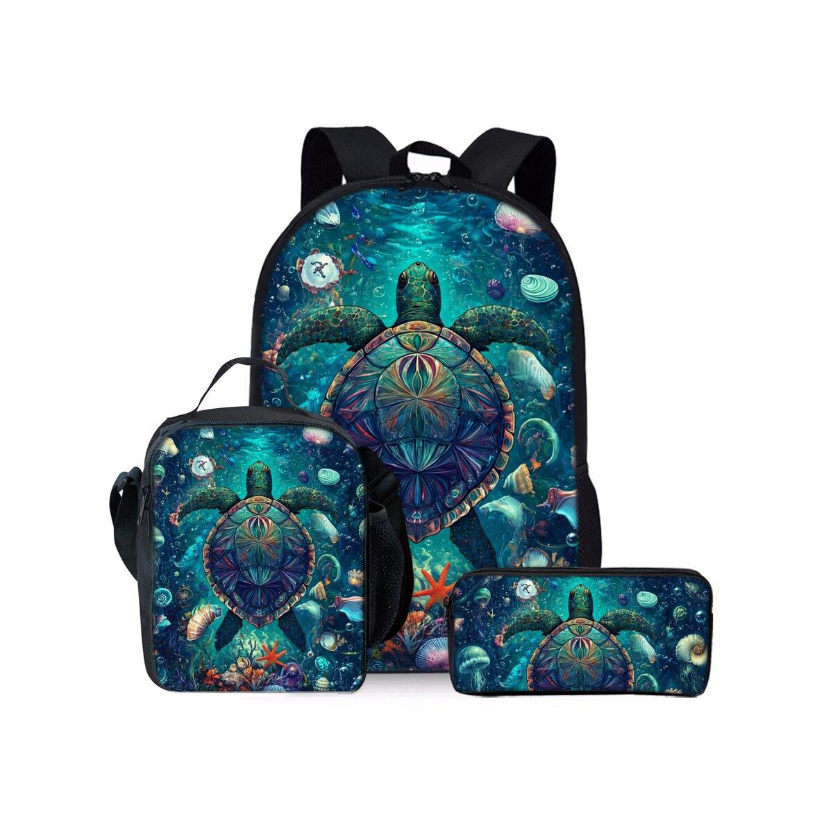 Zeeschildpad Koraalprint Drie Delige Rugzakken Set voor Jongens en Meisjes Beste Cadeaus 2D Platte Cartoon Schooltas voor Kinderen