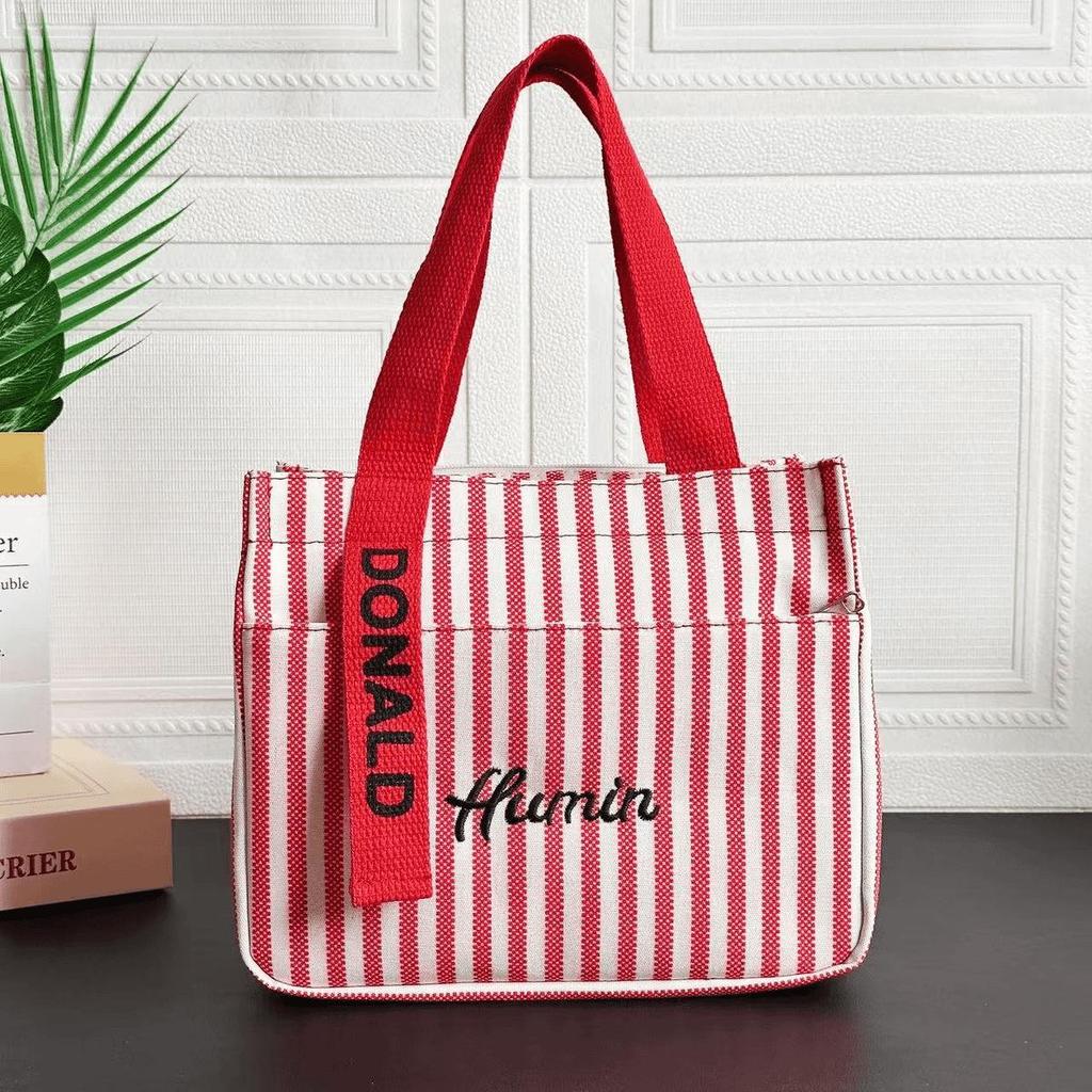 Striped Canvas Tote Bag with Zippered Outer Pocket – Versatile, Large-Capacity Bag for Women As Lunch, Mummy, or Work Bag