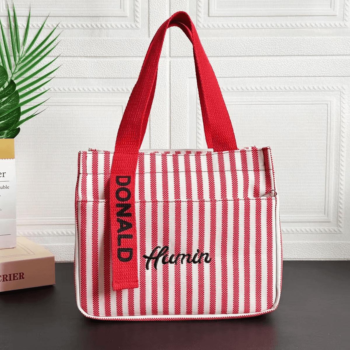 

Striped Canvas Tote Bag with Zippered Outer Pocket – Versatile, Large-Capacity Bag for Women as Lunch, Mummy, or Work Bag