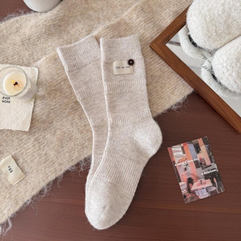 Wool Accessories Women's Socks - Winter High-end Thick and Warm Knitted Fabric with Logo Buttons, Pure Color, Simple Design, Mid-calf Length Socks