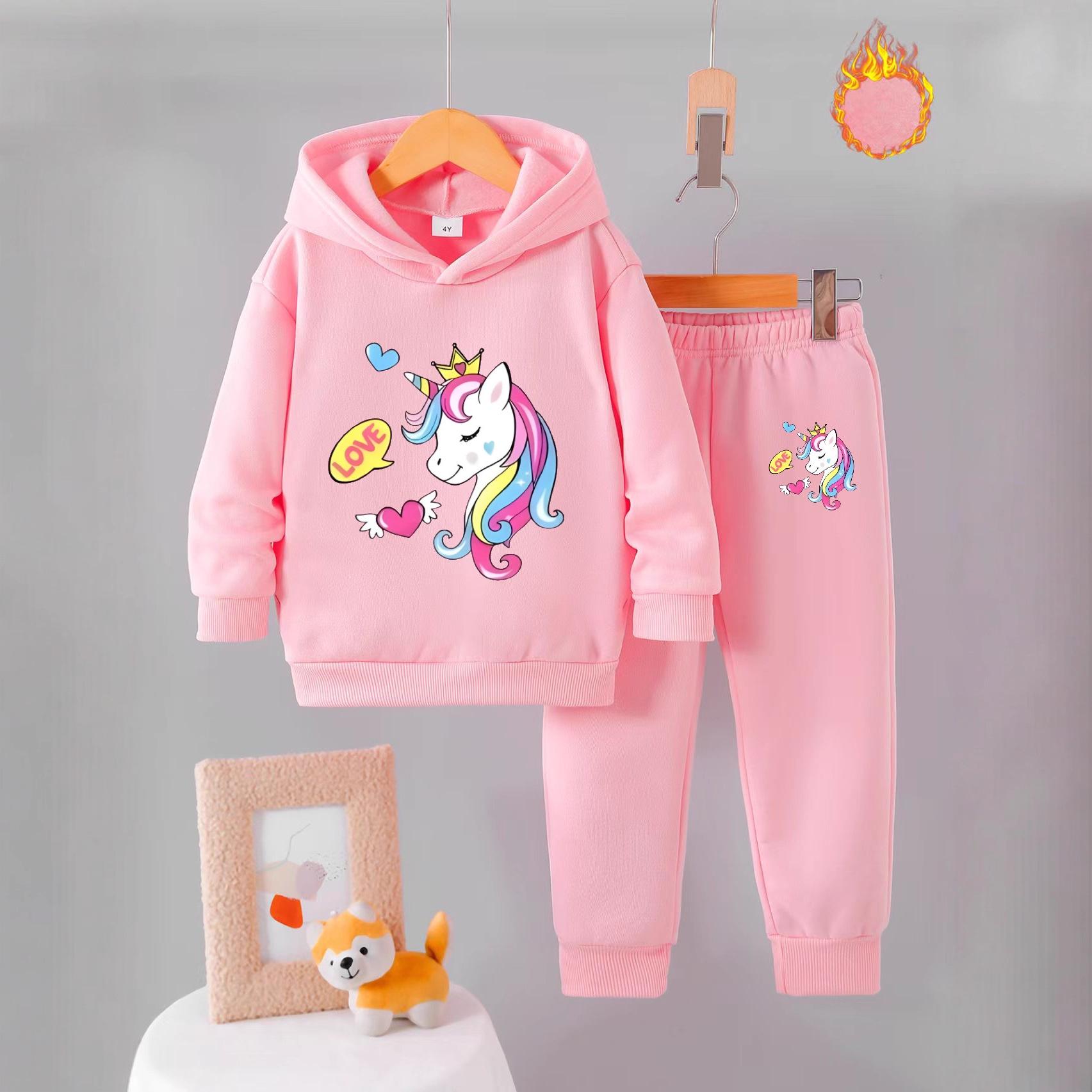 New Unicorn Suit Spring and Autumn Casual Cartoon Print Girls Hooded Sweatshirt Suit 4Y