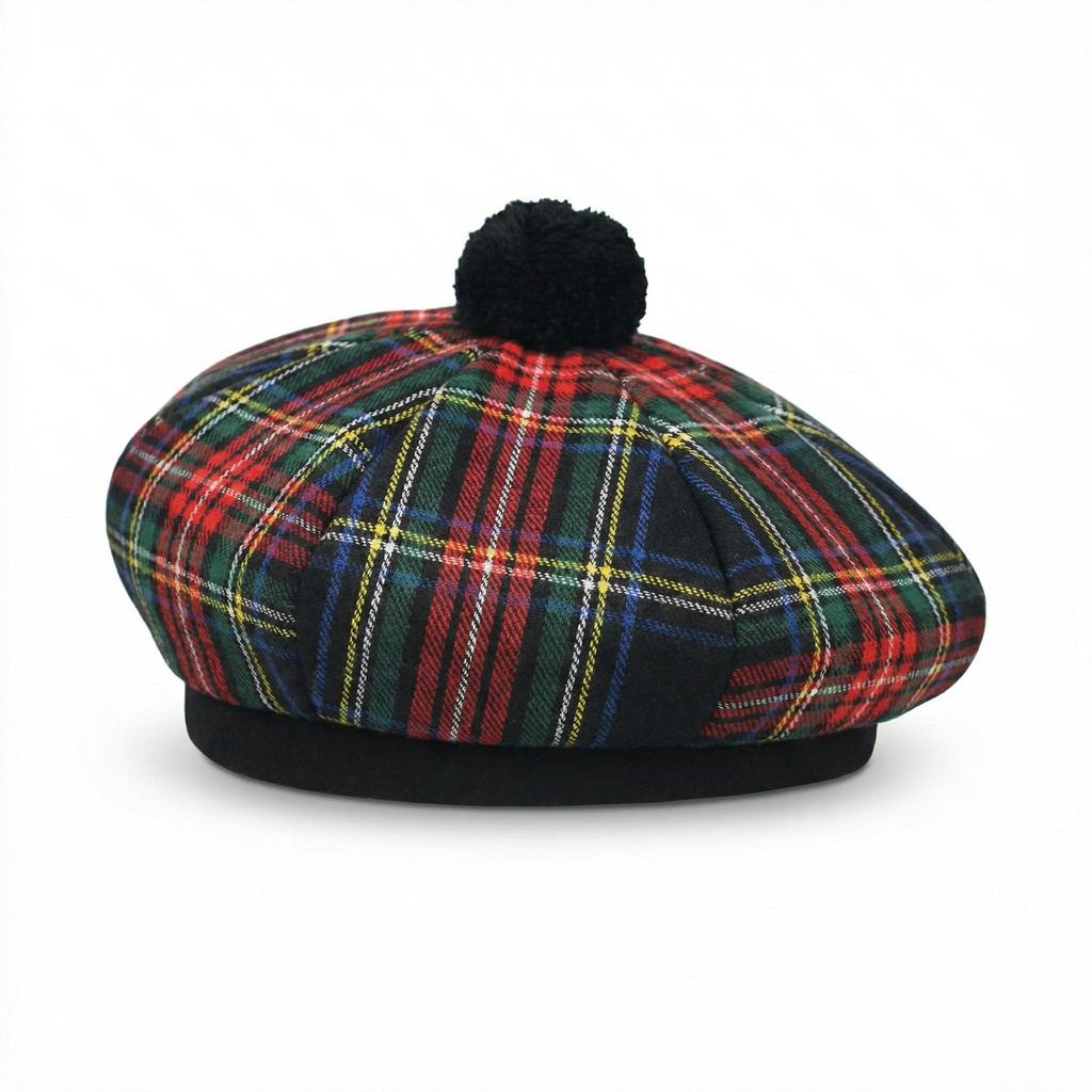 Scottish Beret Tam O Shanter Tammie Bonnet Tartan Hat Acrylic Wool Cap Pompom