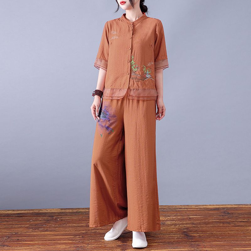 Completo Stile Etnico da Donna Top in Ramiè Pantaloni Estate Cotone e Lino Cardigan Lino Cinese Ricamo Largo Due Pezzi