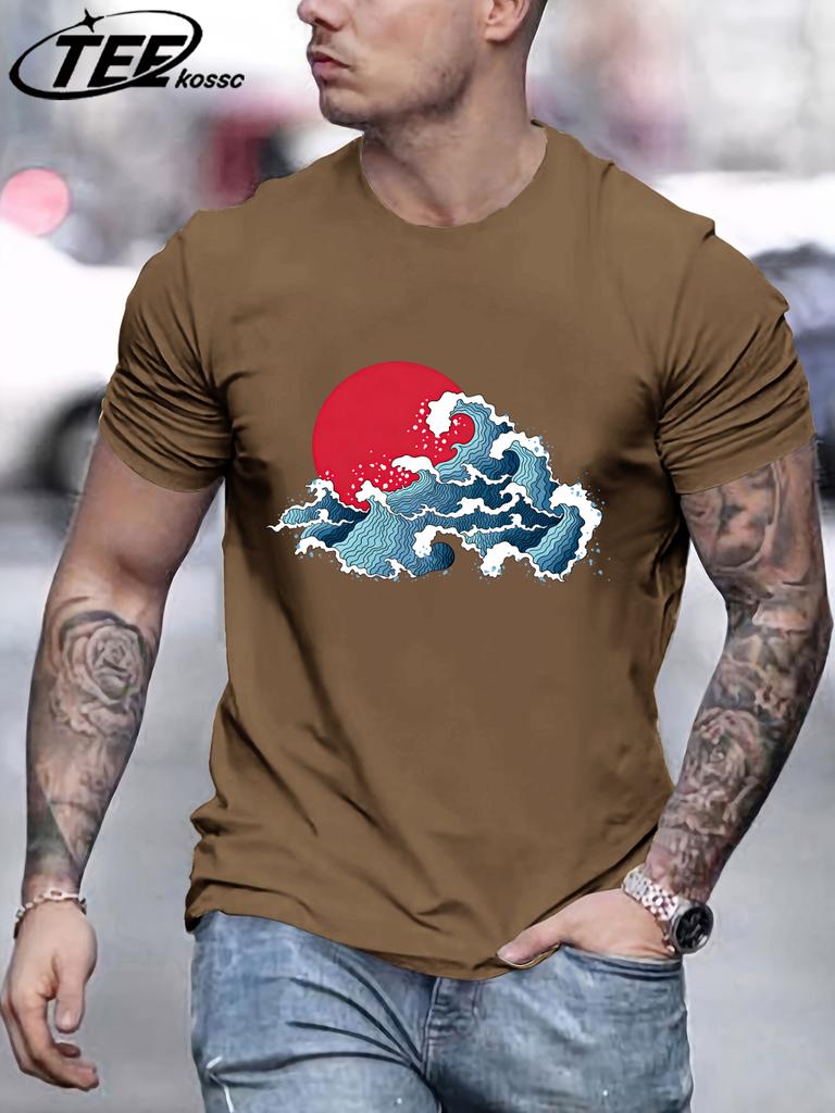 Japansk Solnedgång Vågor T-shirt För Män Sommar Casual Retro Kläder Bomull Trendig Mjuk T-shirt Unisex Rund Hals AllMatch Lös Topp