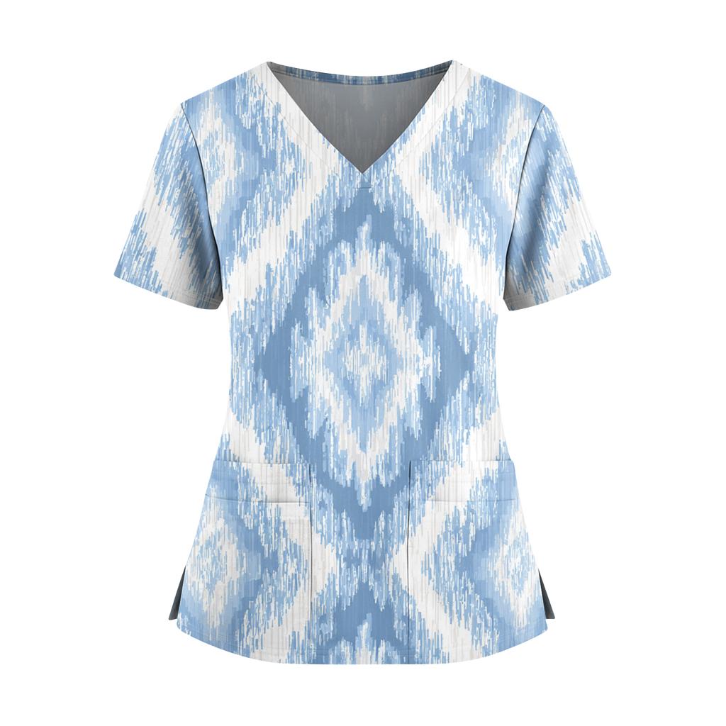 Women's Gradient Print V-Neck Double Pocket Short Sleeves Hem Slit Uniform Caregiver Top