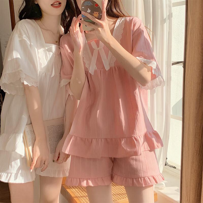 LangSha Women's Pajamas with Chest Pads, Summer Princess Style, Wearable Outside, Sweet And Elegant, Lightweight Short-Sleeve Shorts Loungewear