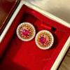 ose Window Earrings with Simulated Ruby and Full Diamond Weave Carved Gold Red Corundum Earrings for Women