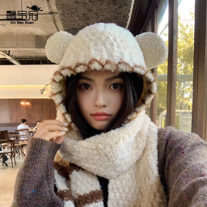 Winter cute bear plush all-in-one hat women's outdoor thermal scarf hat two-piece set student ear protector pullover hat