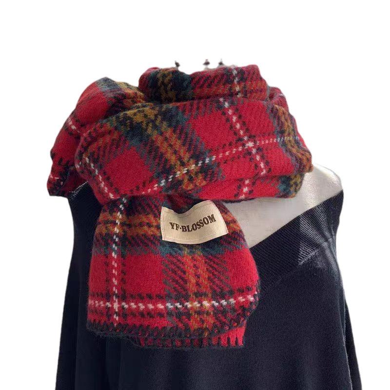 New New Year's red plaid imitation cashmere hemming scarf for women, warm in winter, high-end shawl, thick scarf for students