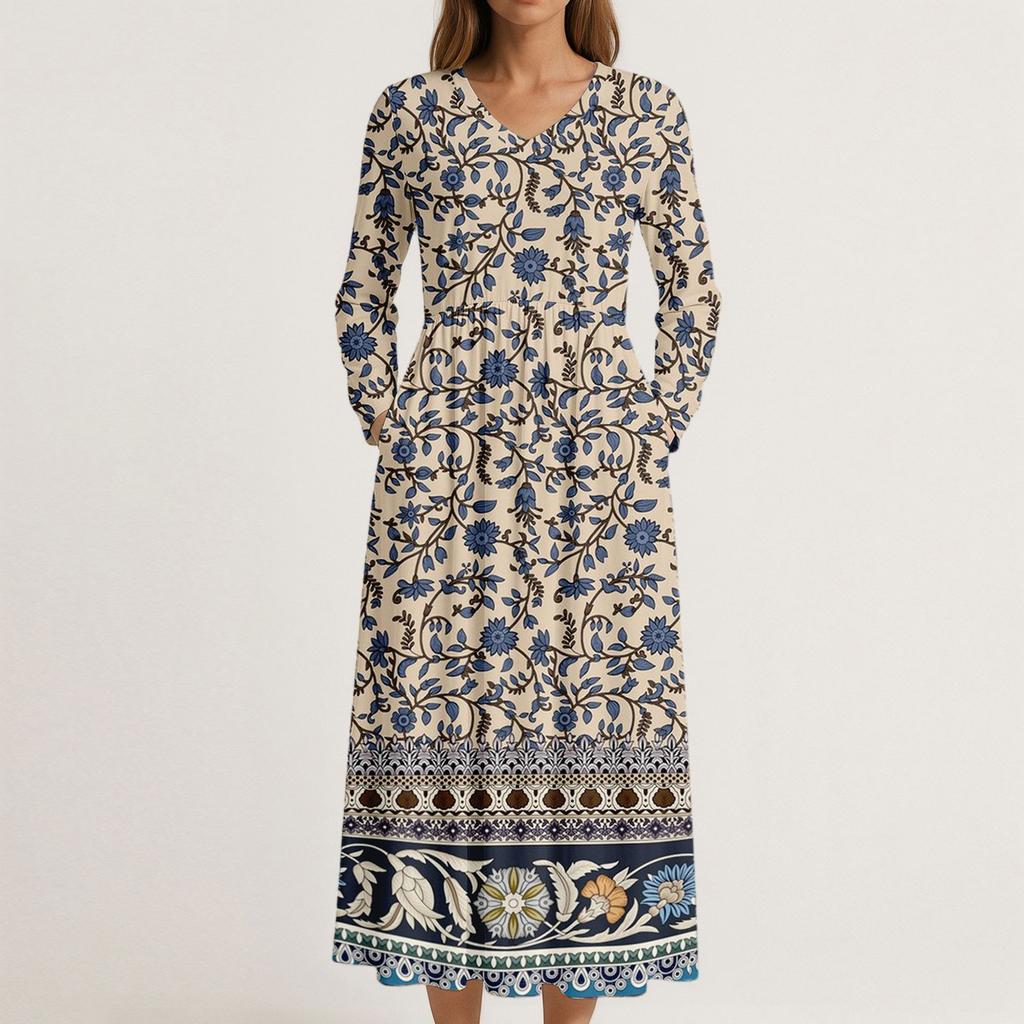 Šaty Pro Ženy Dlouhé Boho Plážové Šaty Elegantní Maxi Šaty Výstřih do V Dlouhý Rukáv Šaty s Kapsami