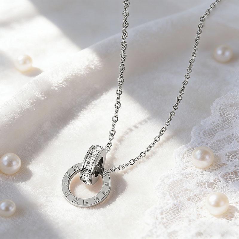 Korean Style Rhinestone Titanium Necklace & Double Ring Jewelry Set