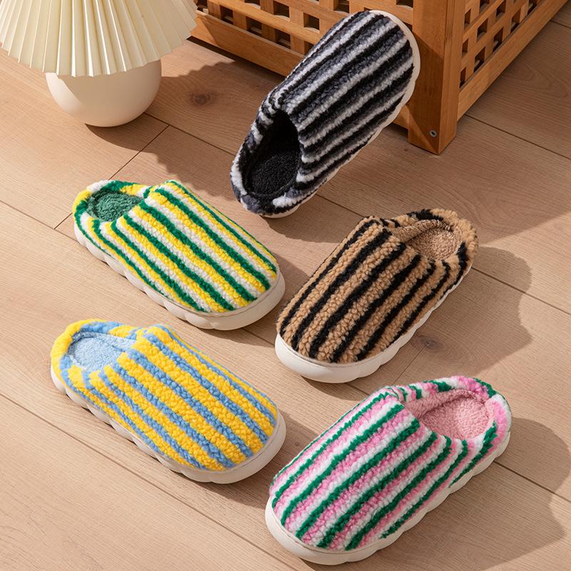 Vertical striped simple wool slippers autumn and winter home warm thick bottom velvet couple outdoor cotton slippers