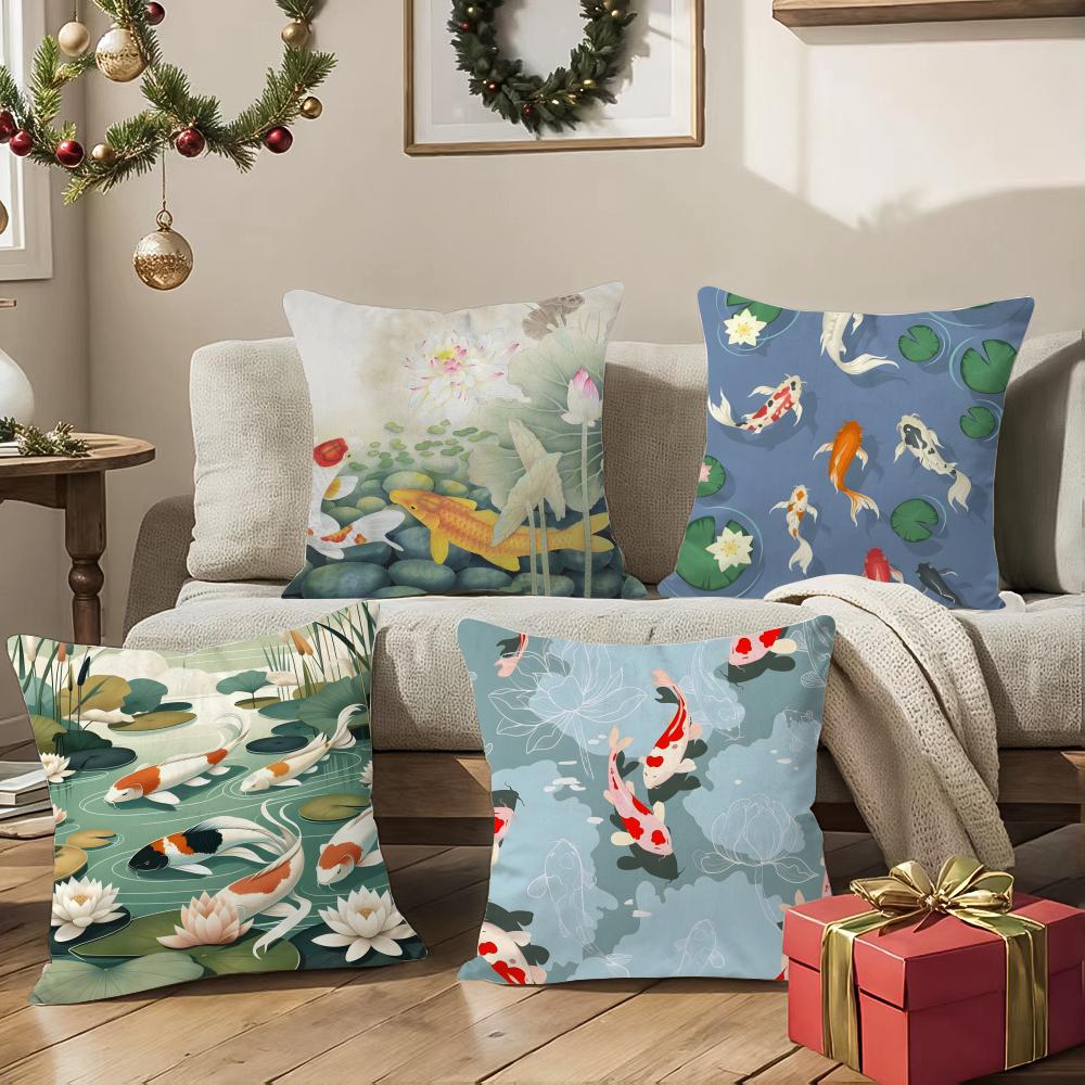Natural Fun Koi Fish Lotus Pillow Case Silky Short Plush With Invisible Zipper Dustproof Sofa Cushion Cover For Home Decor