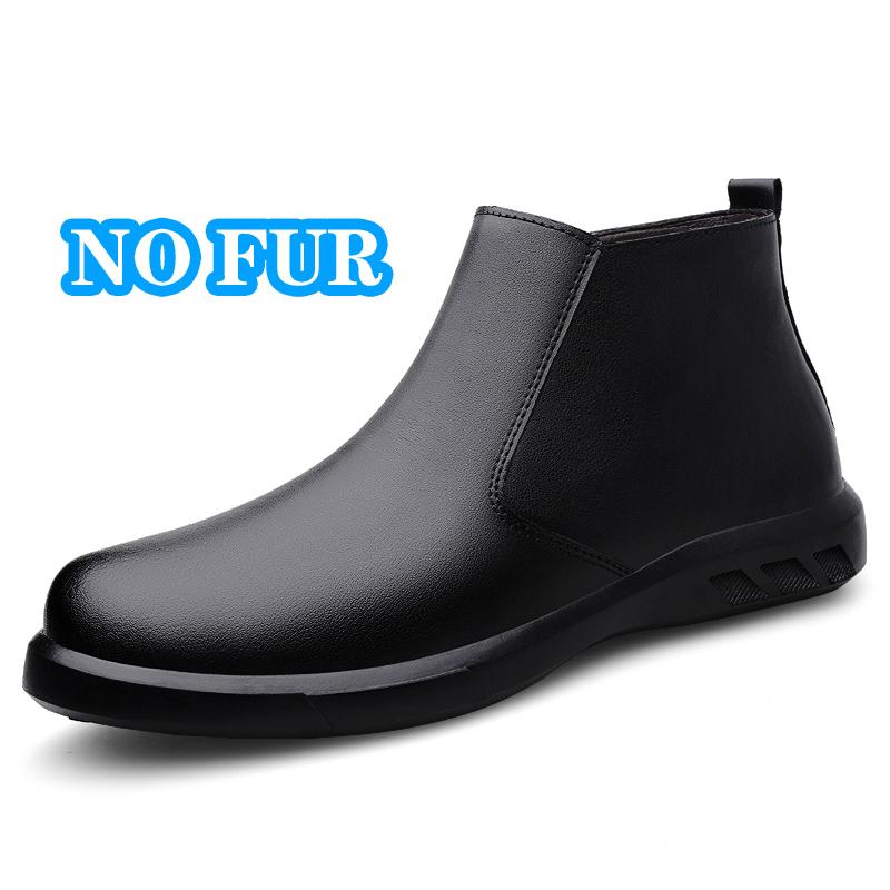 Fashion Genuine Leather Mens Chelsea Boots Comfortable Ankle Boots Fashion Winter Plush Snow Botas Outdoor High Top Shoes Business Boots