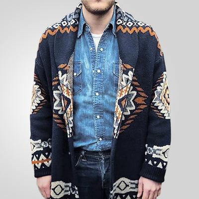 New Versatile Autumn And Winter Cardigan Men'S Retro Knitted Sweater Jacket Long Sleeved Heavy Jacquard Sweater