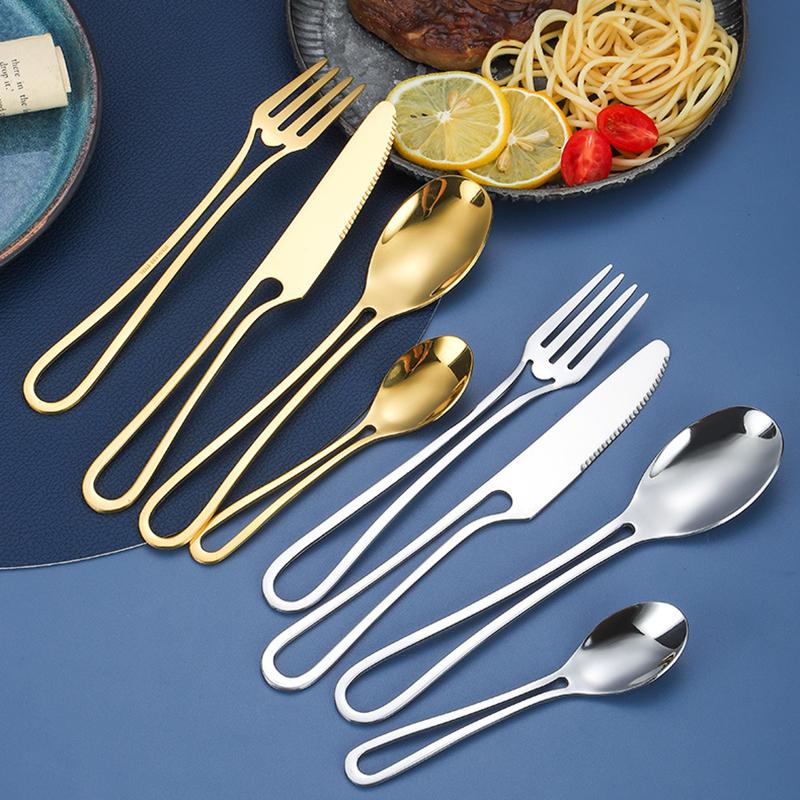 4Pcs/1Set Novelty Dinnerware Tableware Set 304 Stainless Steel Reusable Travel Cutlery Spoon Fork Knife Camping Utensils