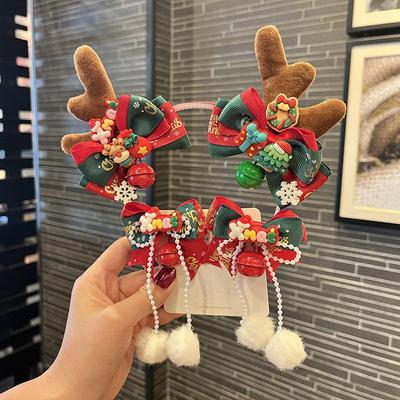 Weihnachts Rentier Geweih Stirnband & Glocken Schleife Haarspange Set für Mädchen - Festliche Feiertags Haarschmuck