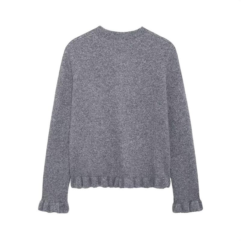 Women Fashion Solid Ruffled Single Breasted Knitted Sweater Vintage O-Neck Long Sleeves Female Chic Lady Tops