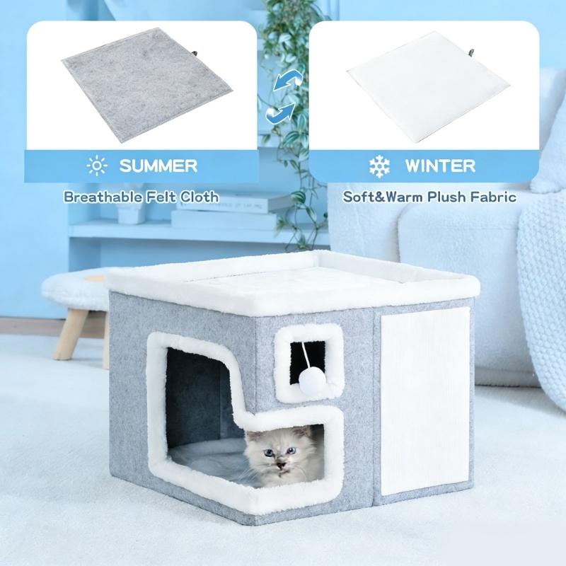 Double Layer Cats Cave Bed with Scratching Pad Foldable Design Space Saving Cats Shelter House for Indoor Habitats