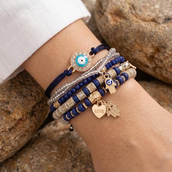 6Pcs/Set Women Bracelet Bohemia Style Elastic Rope Beads Bracelet with Palm Charm Adjustable Length Multi-layer Stackable Bracelets